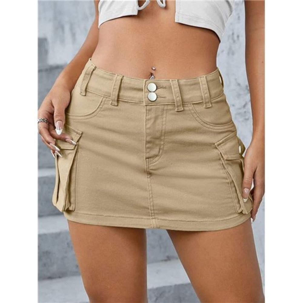 Y2K Light Khaki Cargo Denim Mini Skirt Low Waist‎ Extra Short Bodycon Skirt
